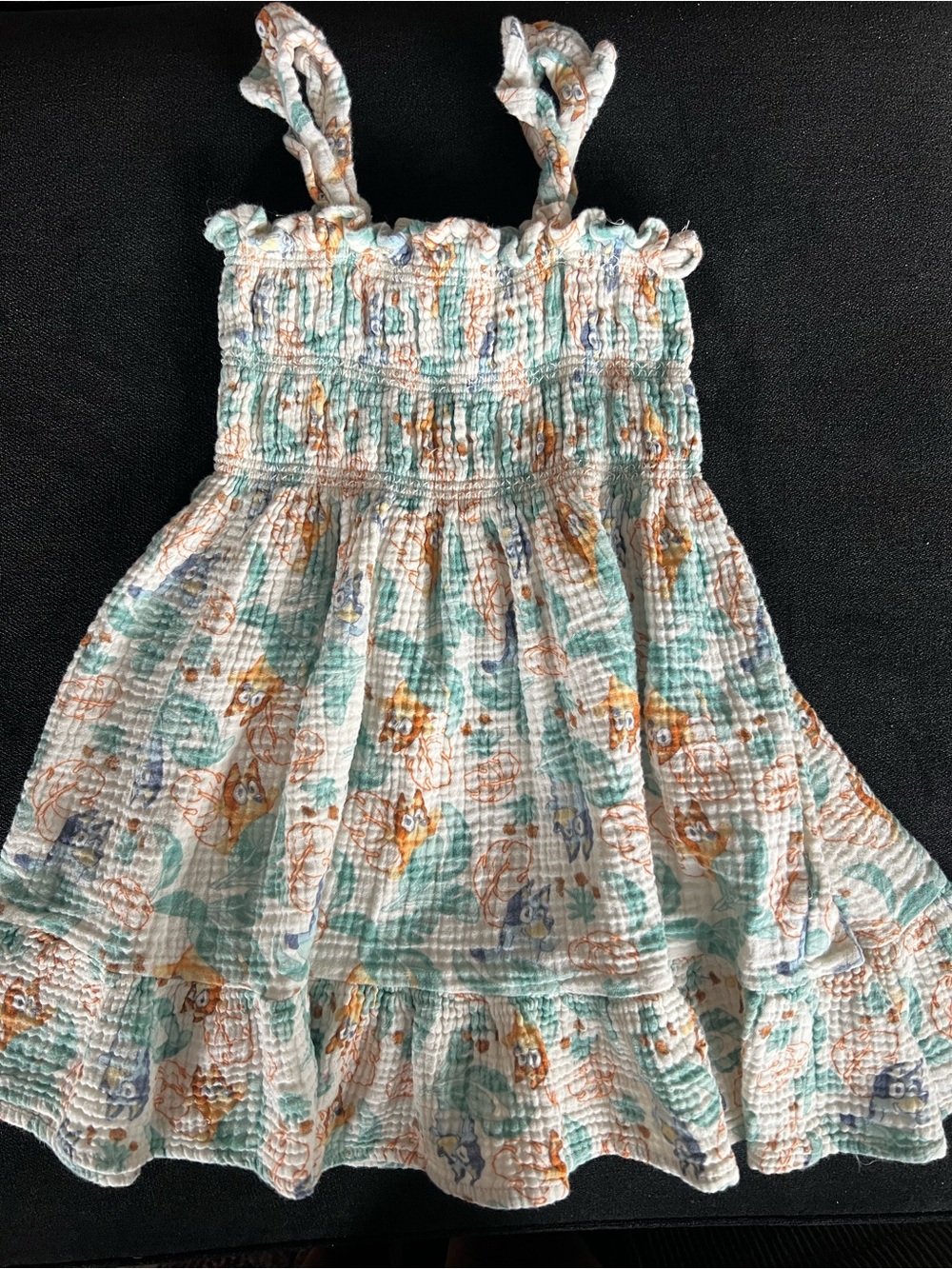 Bluey Smocked Aqua & White Floral Ruffle-Strap Sundress for Girls